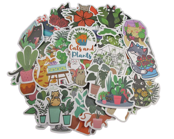 Cats and Plants Sticker Pack - Waterproof PVC Stickers 50pc J037
