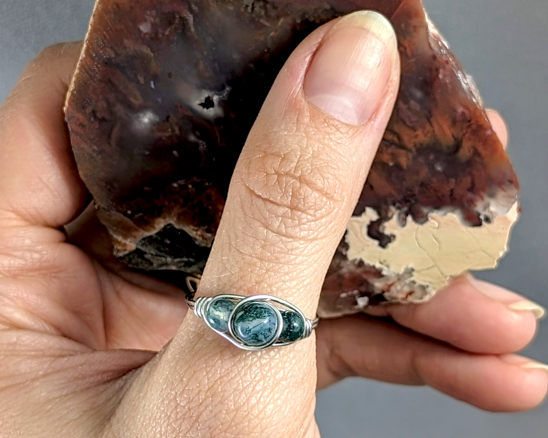 Moss Agate Wire Wrapped Ring 1pc (Custom Sizes)