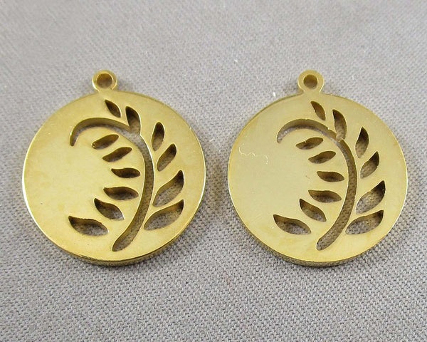 Round Leaf Gold Tone Stainless Steel Charms 2pc (6059)