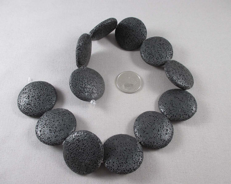 50% OFF!! Flat Round Black Lava Beads Waxed 33mm