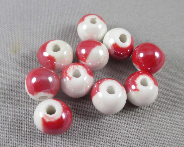 50% OFF!! Red Two-Tone Porcelain Beads 9mm Round 10pcs (1506)
