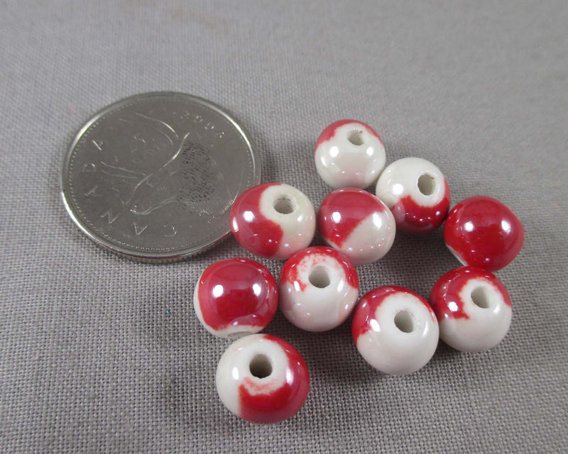 50% OFF!! Red Two-Tone Porcelain Beads 9mm Round 10pcs (1506)