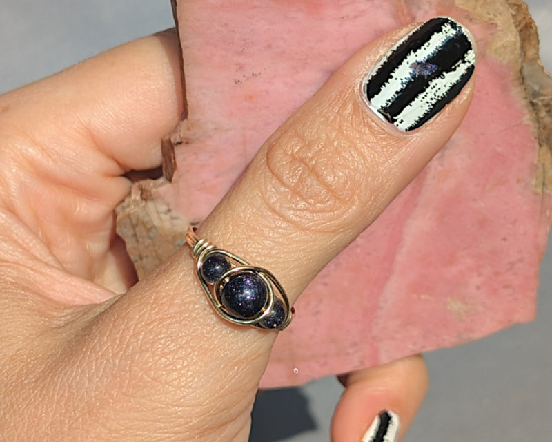 Blue Goldstone Wire Wrapped Ring 1pc (Custom Sizes)