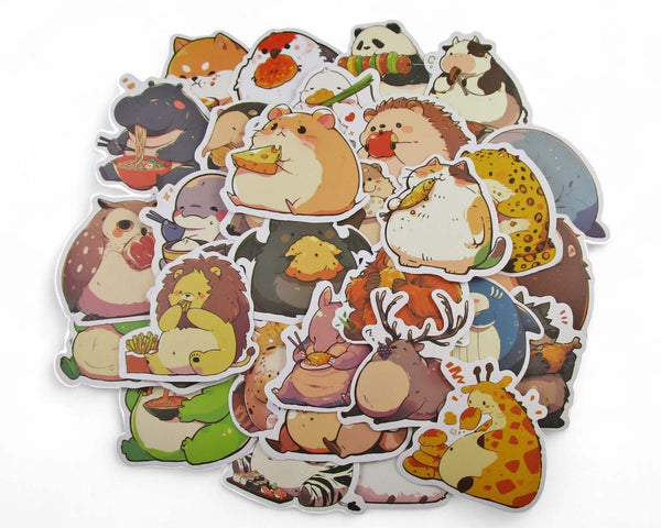 Cute Animals Snacking Sticker Pack - Waterproof PVC Stickers 50pc J131