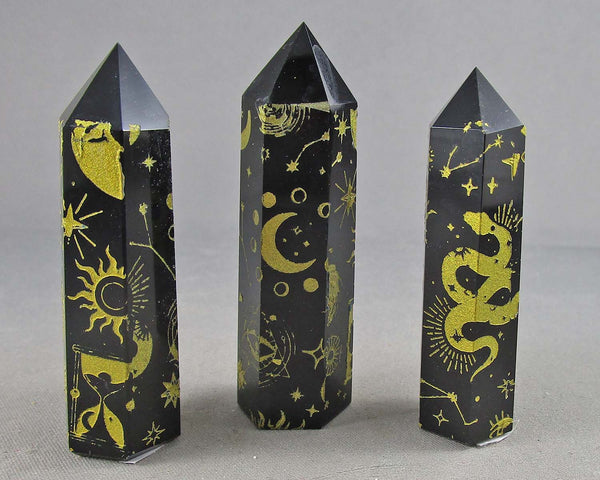 Gold Engraved Obsidian Standing Point 1pc (J136)