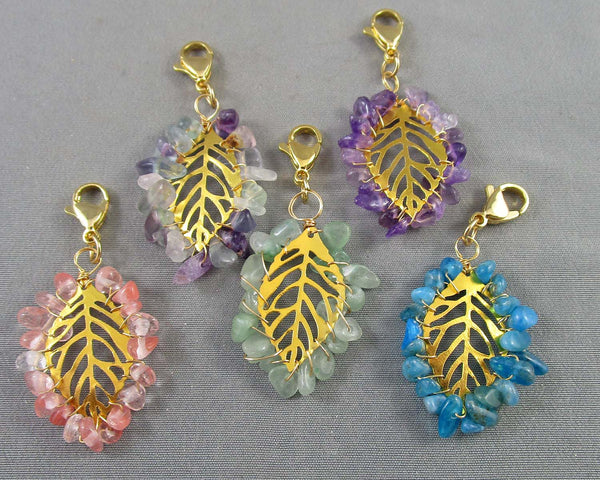 Gemstone Leaves Key Chain / Zipper Pull (Various Stone Types) 1pc E016