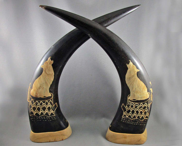 Vintage Carved Buffalo Horns Set of 2