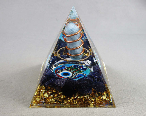 Goldstone & Quartz Hamsa Hand Orgonite Pyramid 1pc BIN 24