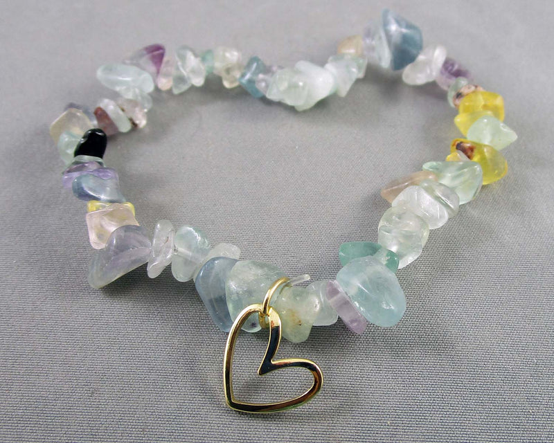 Rainbow Fluorite Crystal Bracelet with Heart Charm 1pc Z079