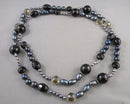 Peacock Blue Natural Pearl Necklace with Citrine and Onyx (Vintage) H145-12