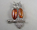Amber Owl Brooch Sterling Silver (Vintage) H145-21