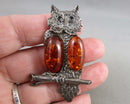 Amber Owl Brooch Sterling Silver (Vintage) H145-21