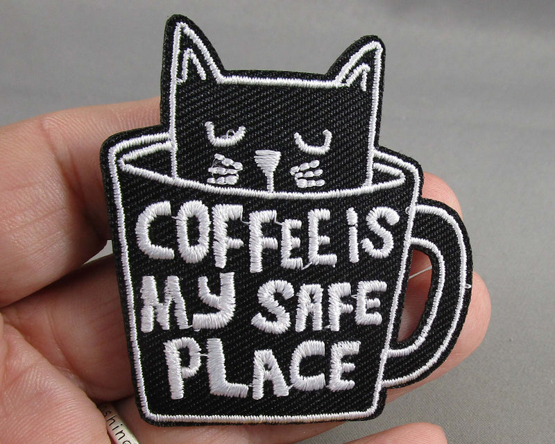 "Coffee Is My Safe Place" Cat in a Mug Iron on Patch 1pc J256