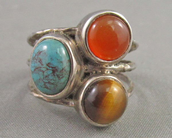 Tiger Eye, Carnelian & Turquoise Sterling Silver Ring Size 6.5 (Vintage) B056-3