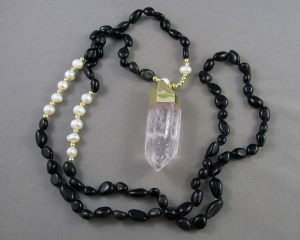 Black Tourmaline & Quartz Mala Necklace (Knotted) 1pc Z071-1