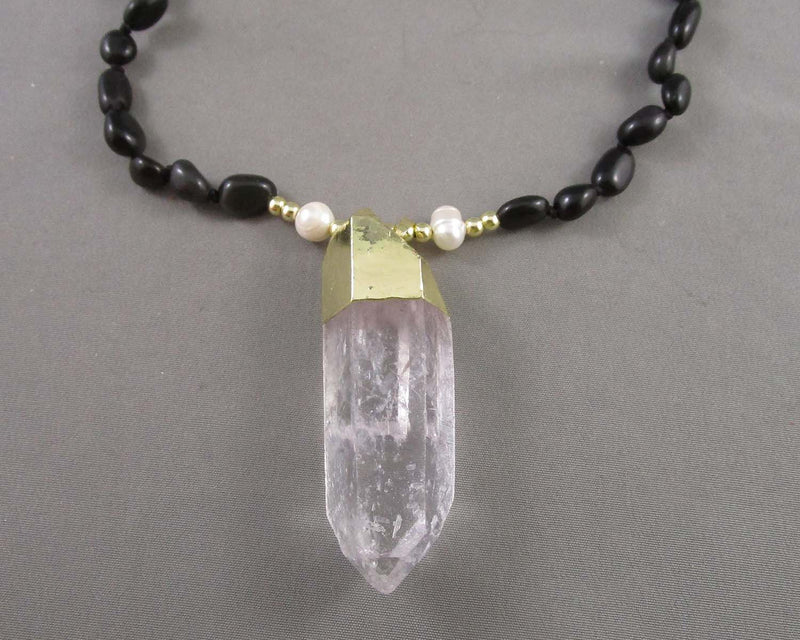 Black Tourmaline & Quartz Mala Necklace (Knotted) 1pc Z071-1