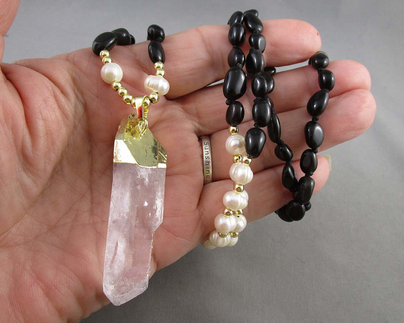 Black Tourmaline & Quartz Mala Necklace (Knotted) 1pc Z071-1