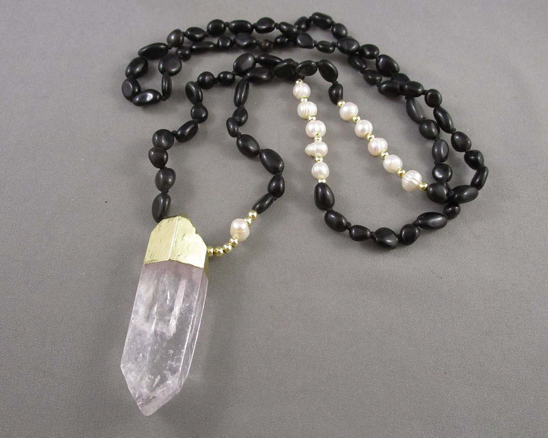 Black Tourmaline & Quartz Mala Necklace (Knotted) 1pc Z071-1