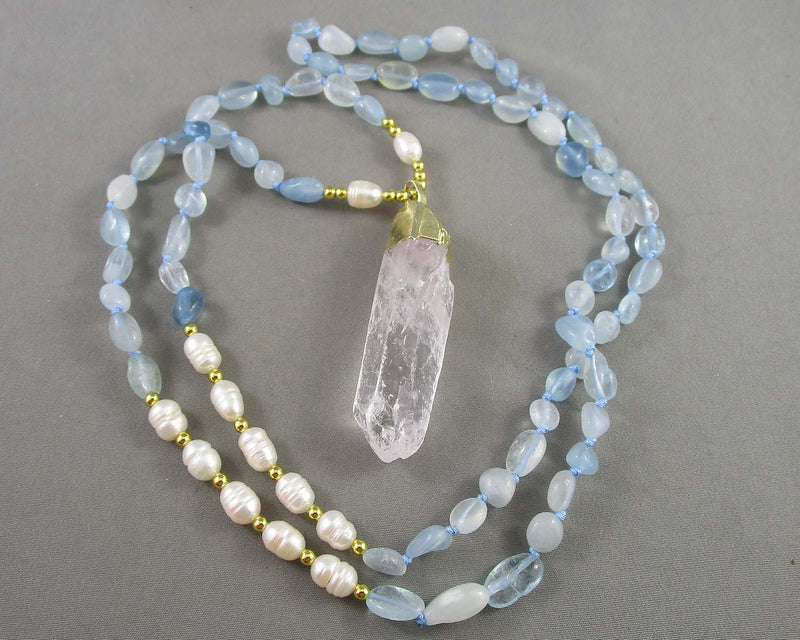 Aquamarine & Quartz Mala Necklace (Knotted) 1pc Z071-2