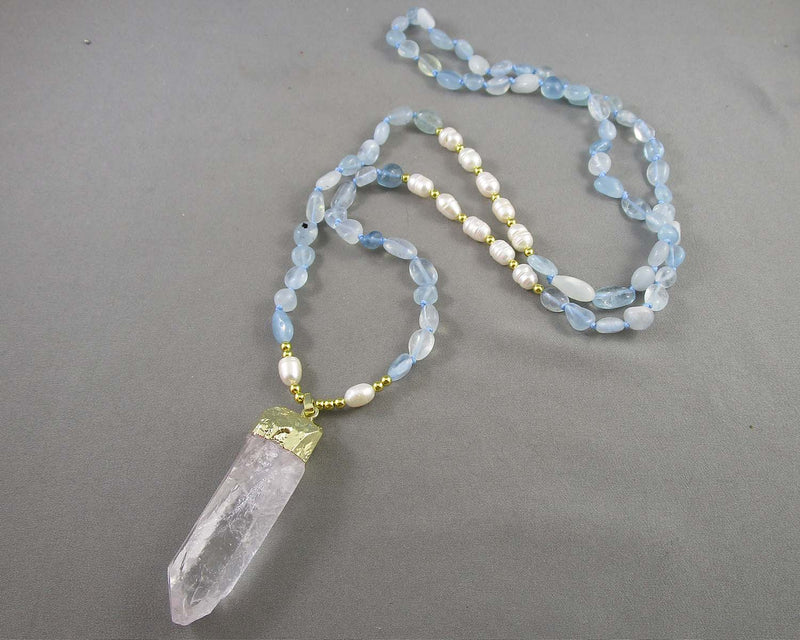 Aquamarine & Quartz Mala Necklace (Knotted) 1pc Z071-2