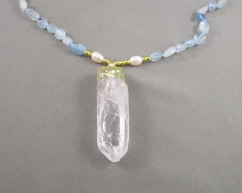 Aquamarine & Quartz Mala Necklace (Knotted) 1pc Z071-2