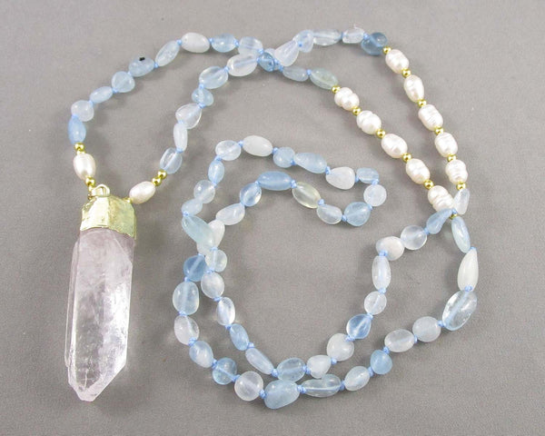 Aquamarine & Quartz Mala Necklace (Knotted) 1pc Z071-2
