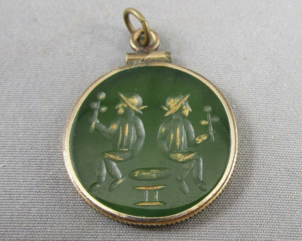 Jade Pendant 14KGF Gemini Symbol (Vintage) B079-6