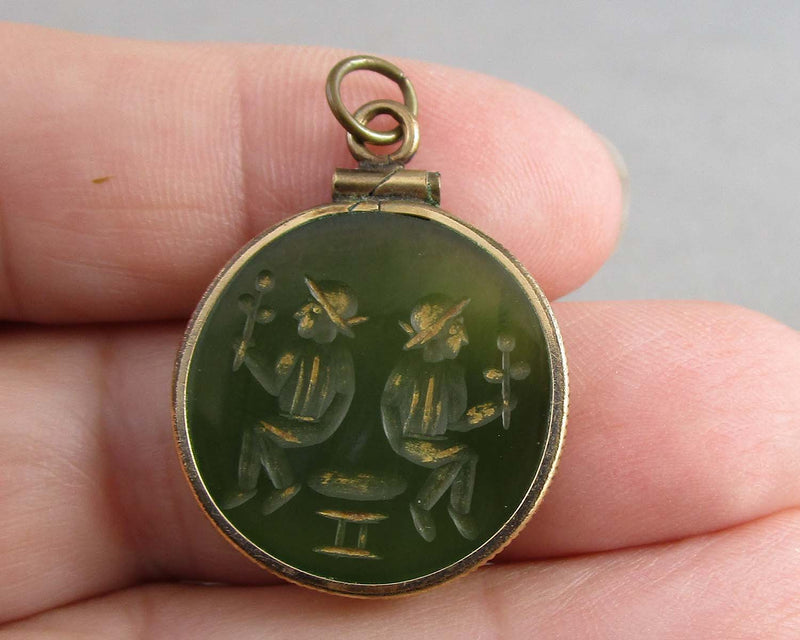 Jade Pendant 14KGF Gemini Symbol (Vintage) B079-6
