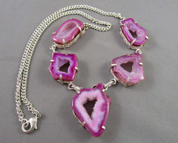 Pink Agate Geode Necklace Vintage H065-7