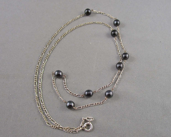 Hematite with 925 Sterling Silver 1.6mm Figaro Chain Necklace Vintage H007-17
