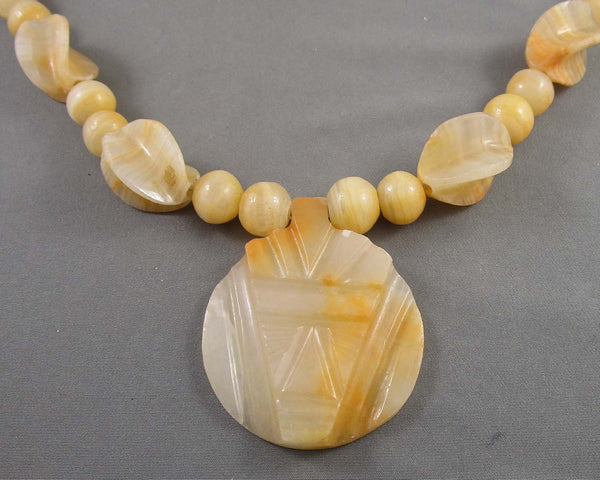 Onyx Stone Necklace with Aztec Mask Pendant (Vintage) H082-16