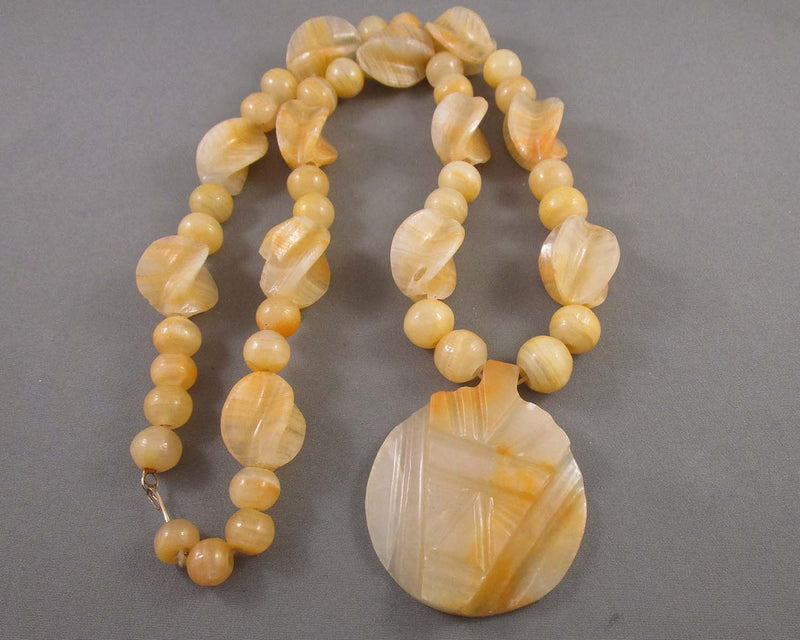 Onyx Stone Necklace with Aztec Mask Pendant (Vintage) H082-16