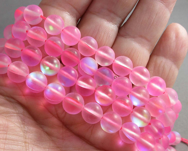 Mermaid Glass Holographic Beads 8mm Frosted Pink (C055)