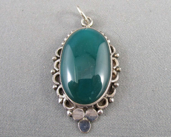 Green Agate Pendant 925 Sterling Silver B020-1 (Vintage)