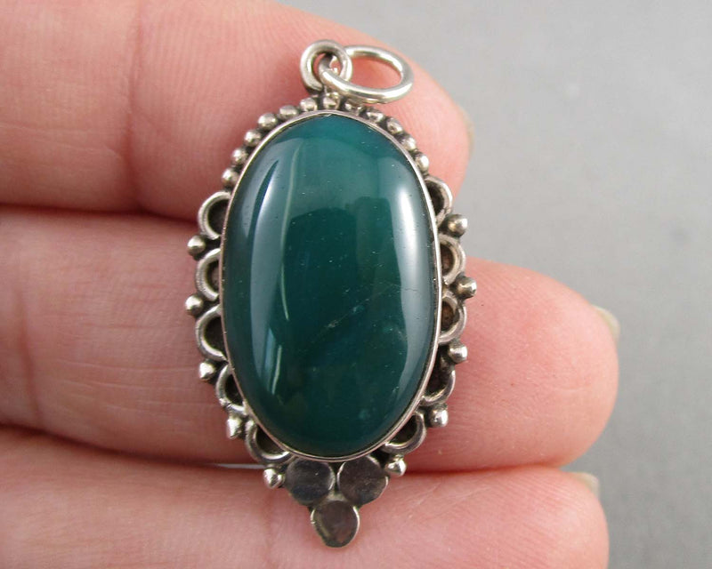 Green Agate Pendant 925 Sterling Silver B020-1 (Vintage)