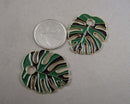 Green & Black Monstera Leaf Pendant Gold Tone Enamel 2pcs (6042)