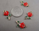 Red Rose Charm Gold Tone Enamel 4pcs (6045)