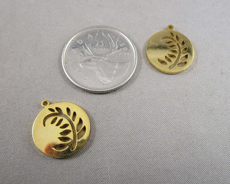Round Leaf Gold Tone Stainless Steel Charms 2pc (6059)