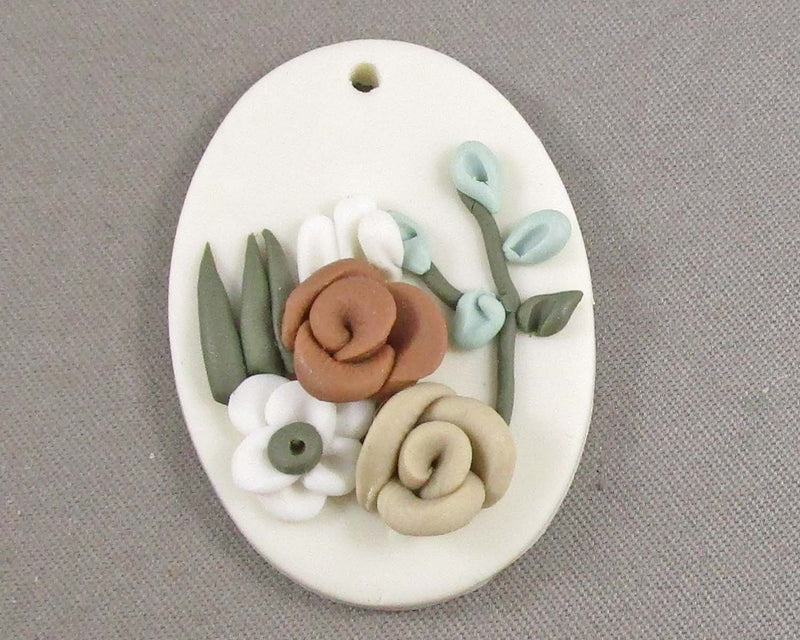 Oval Pendant with Flowers Polymer Clay 1pc (6049)