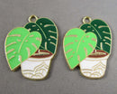 Potted Monstera Plant Charms Gold Tone Enamel 2pcs (6065)