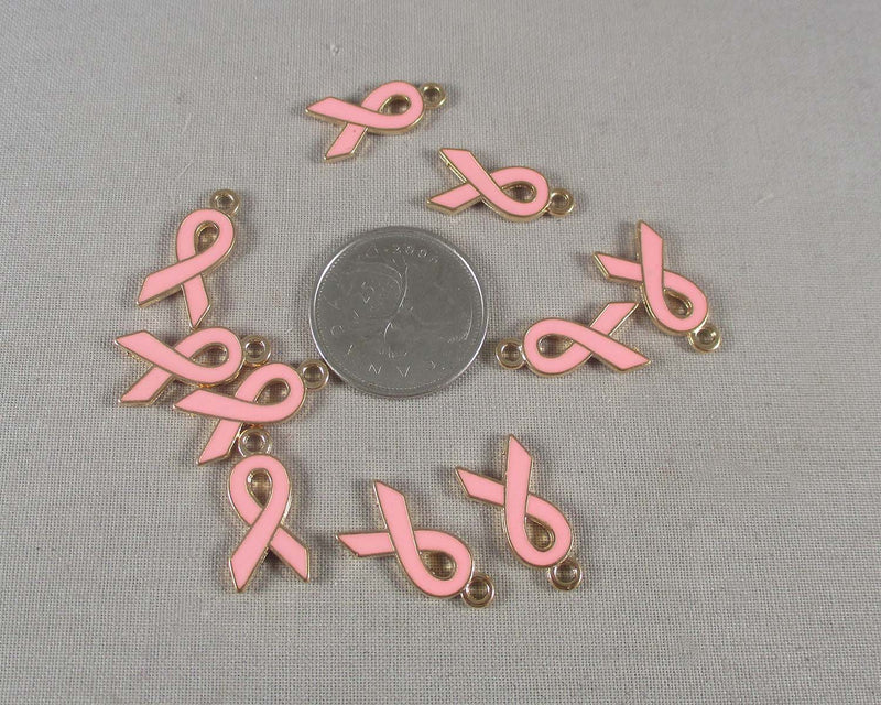Pink Awareness Ribbon Enamel Charm Silver Tone 10pcs (0805)