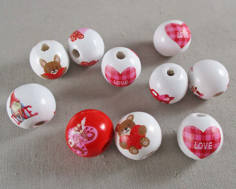 Mixed Printed Wood Valentines Day Beads 16mm 10pcs (0961)