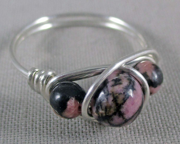 Pink & Black Rhodonite Wire Wrapped Ring 1pc (Custom Sizes)