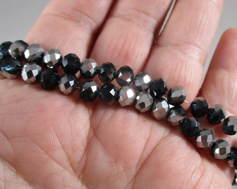 Midnight Blue/Silver Faceted Rondelle Glass Beads 6x5mm (0955)
