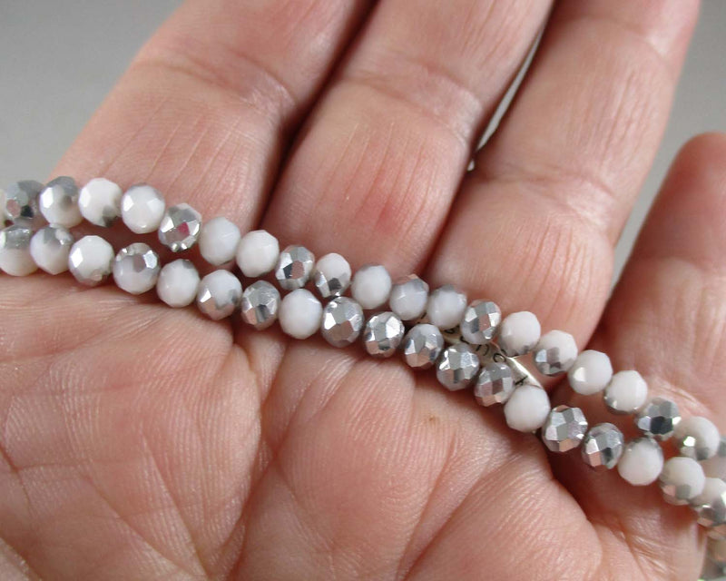 White/Silver Faceted Rondelle Glass Beads 4x3mm (0954)