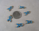 50% OFF!! Blue Awareness Ribbon Enamel Charm Gold Tone 6pcs (0835)