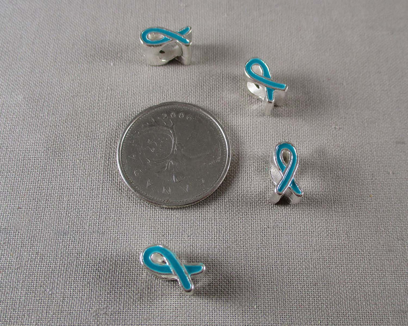 Blue Awareness Ribbon European Bead Silver Tone 4pcs (0851)