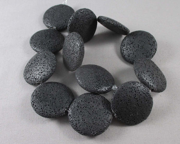Flat Round Black Lava Beads Waxed 33mm