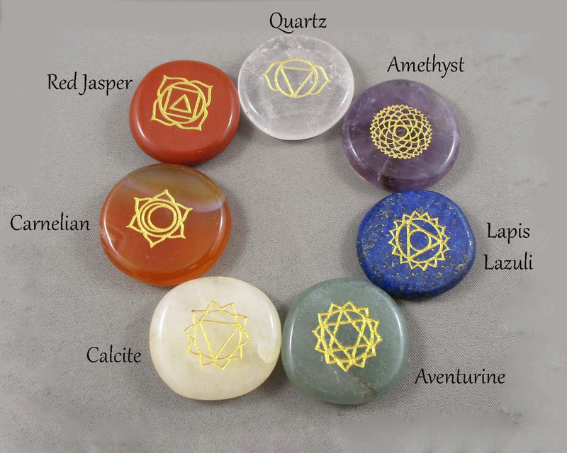 7 Chakra Polished Engraved Stone Set (1" Round) E019