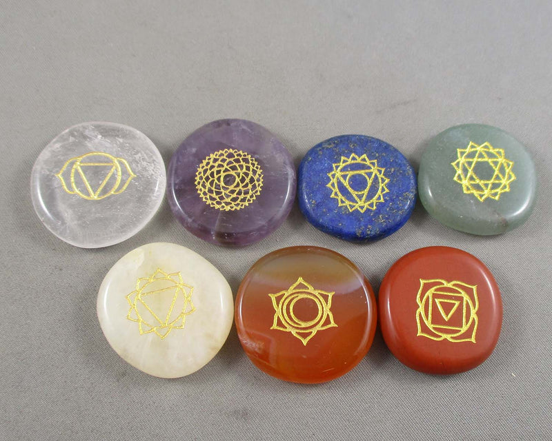 7 Chakra Polished Engraved Stone Set (1" Round) E019